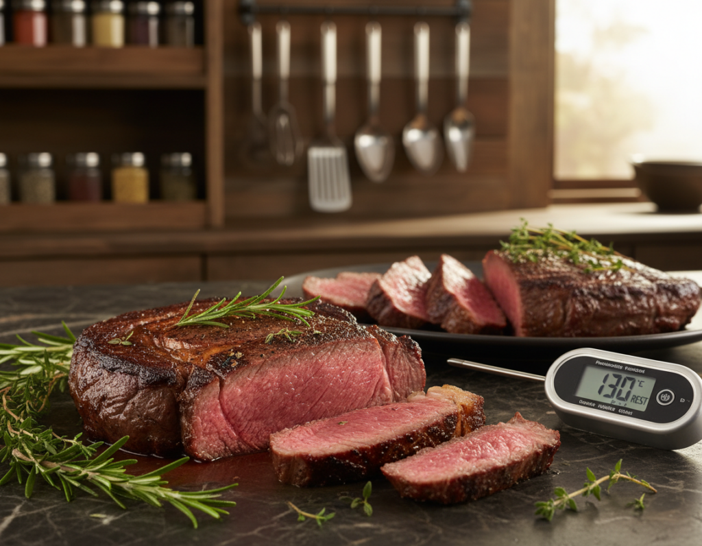 A beautifully arranged kitchen countertop featuring a plate of perfectly cooked and sliced meat, glistening with juices, symbolizing the ideal resting process. In the foreground, a partially cut steak shows a rich pink interior, surrounded by aromatic herbs like rosemary and thyme. The middle ground highlights a meat thermometer indicating the ideal resting temperature. The background reveals a softly lit kitchen scene with blurred utensils and rustic wooden shelves filled with spices, creating a warm, inviting atmosphere. Lighting is warm and natural, suggesting late afternoon sun spilling in through a window, casting gentle shadows. The angle should be slightly above eye level to give a comprehensive view of the deliciously rested meat and the surrounding elements, emphasizing the beauty of proper resting and avoiding common mistakes.