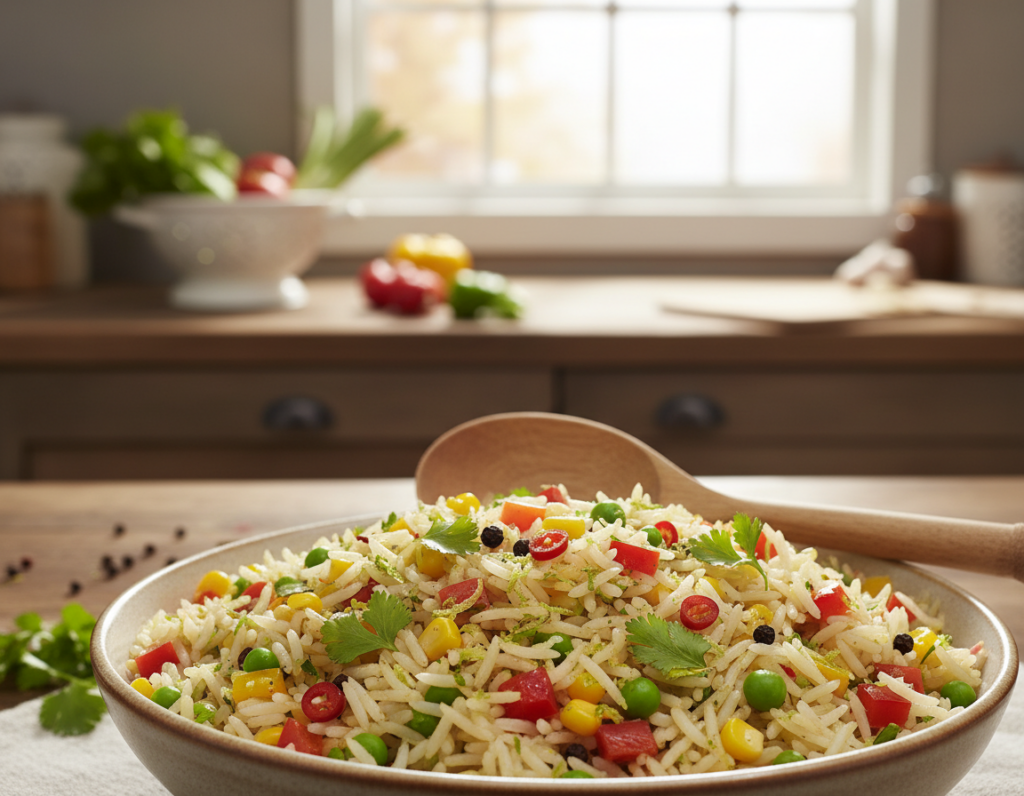 A close-up of a beautifully presented bowl of flavored rice, showcasing vibrant colors and textures. In the foreground, the rice is fluffy and perfectly cooked, adorned with fresh herbs like cilantro and parsley, as well as colorful diced vegetables such as bell peppers, peas, and corn. Small, glistening spices and perhaps a sprinkle of zest enhance the appeal. The middle ground features a wooden spoon elegantly resting beside the bowl, emphasizing the inviting nature of a home-cooked meal. In the background, there are hints of a warm kitchen with soft, natural lighting streaming through a window, creating a cozy and inviting atmosphere. The focus is sharp on the rice, with a gentle bokeh effect on the background, evoking a sense of warmth and hominess in cooking.
