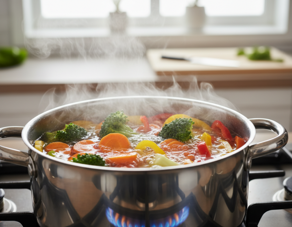 A close-up view of a pot on a stovetop filled with vibrant, fresh vegetables like broccoli, carrots, and bell peppers, visibly boiling in hot water. The steam rising from the pot creates a soft, ethereal atmosphere, showcasing the bubbling water that emphasizes the cooking process. The foreground features the vegetables, detailed with glistening water droplets, while the pot’s metallic surface reflects the gentle flames underneath. In the background, a blurred kitchen setting hints at a bright and airy environment with soft, natural light filtering in through a nearby window. The overall mood is energetic and focused, capturing the essence of boiling vegetables while maintaining their crisp texture.