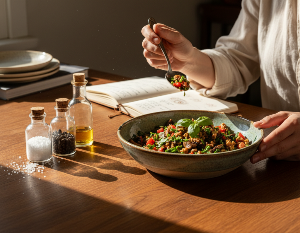 A close-up view of an elegant wooden kitchen table, beautifully arranged with a variety of colorful ingredients reflecting balanced flavors. In the foreground, a finely crafted ceramic bowl displays a vibrant, freshly made dish garnished with herbs, showcasing rich colors like deep greens, bright reds, and earthy browns. Adjacent to the bowl are small glass jars filled with spices and condiments like salt, pepper, olive oil, and vinegar, symbolizing the essence of flavor balancing. In the middle ground, a pair of hands in modest casual attire is gently tasting a spoonful of the dish, while a notebook with handwritten notes lies open, conveying preparation insights. The soft, natural sunlight filters in from a nearby window, creating a warm and inviting atmosphere, enhancing the sense of culinary creativity and exploration.