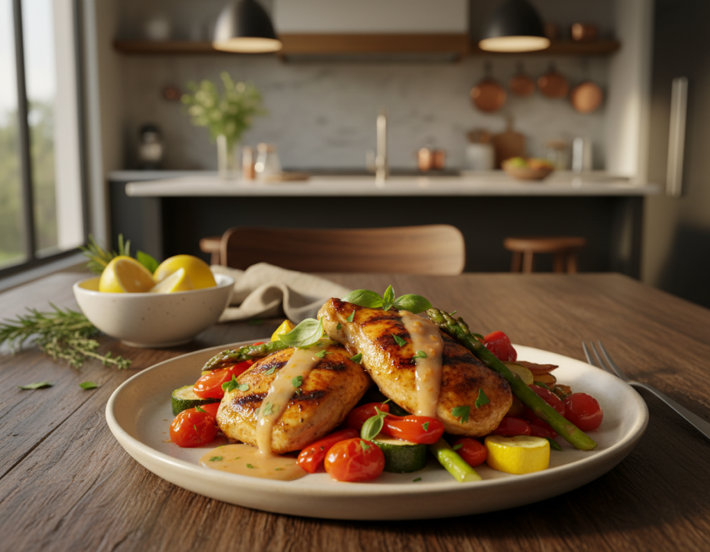 A beautifully arranged dinner plate centered in the foreground, showcasing a vibrant dish featuring roasted vegetables and grilled chicken drizzled with a tangy citrus vinaigrette. The colors should pop, emphasizing the greens, reds, and yellows of the ingredients. In the middle ground, a wooden table with a small bowl of lemon slices and fresh herbs, suggesting the balance of flavors being considered. The backdrop includes a softly blurred view of a kitchen with warm lighting, evoking a cozy, inviting atmosphere. Use natural, golden-hour lighting to enhance the colors and textures of the food, captured from a slightly elevated angle to create depth. The mood should be uplifting and appetizing, reflecting the theme of culinary harmony.
