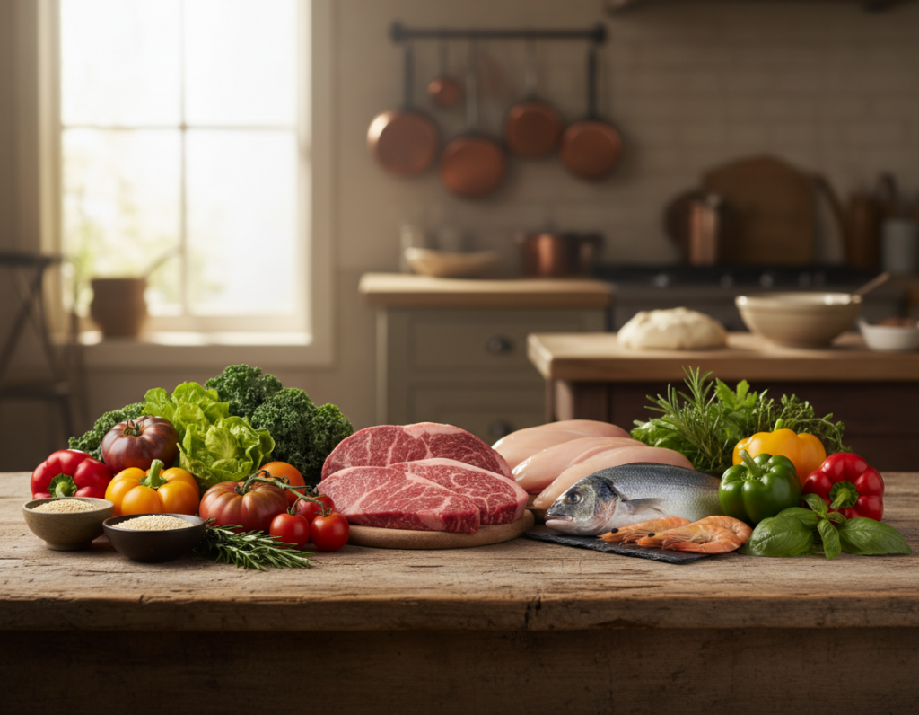 A beautifully arranged display of diverse, high-quality ingredients on a rustic wooden table. In the foreground, vibrant organic vegetables such as ripe heirloom tomatoes, crisp greens, and colorful bell peppers are artistically placed alongside artisanal grains and herbs. The middle ground features premium cuts of meat and fresh seafood, emphasizing their quality through marbling and glistening textures. In the background, soft natural light filters through a nearby window, casting gentle shadows and highlighting the colors and textures of the ingredients. A blurred-out kitchen setting provides a cozy, warm atmosphere, inviting viewers to consider the value of quality in home cooking. The mood is both inviting and sophisticated, showcasing the idea that investing in quality ingredients enhances the culinary experience.