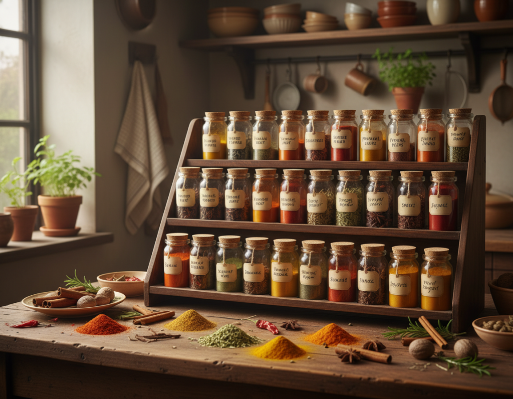 A beautifully organized spice rack filled with an array of colorful spices in glass jars, each labeled with unique names. In the foreground, a variety of spices like vibrant red paprika, earthy turmeric, and green herbs are elegantly arranged on a wooden table, showcasing their rich textures and colors. In the middle ground, soft-focus glass jars with airtight lids stand tall, reflecting warm, natural sunlight that filters in from a window, casting gentle shadows. The background features a cozy kitchen setting with rustic wooden shelves and potted herbs, evoking a warm and inviting atmosphere. The lighting is soft and diffused, enhancing the vivid hues of the spices, creating a mood of culinary inspiration and warmth.