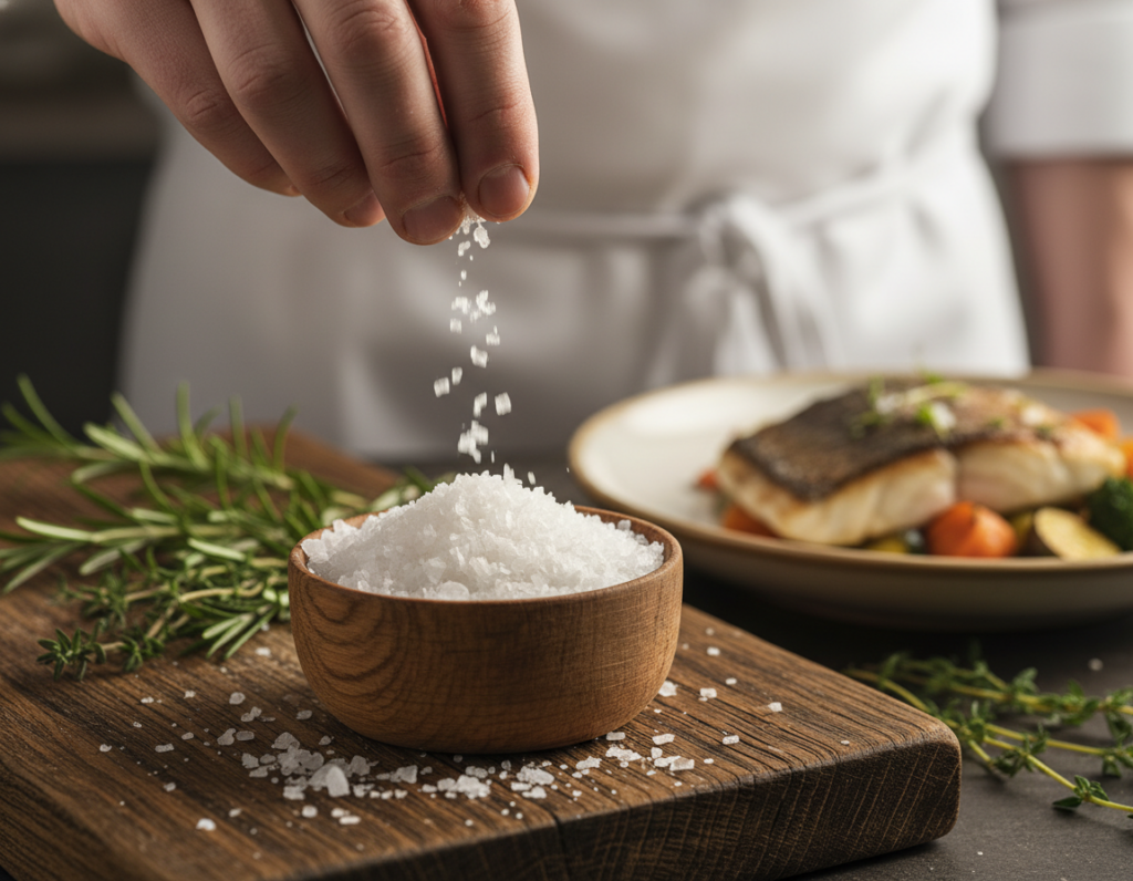 A close-up view of a small wooden bowl filled with gleaming finishing salt, displaying the delicate, flaky crystals that shimmer in soft, natural light. The bowl is set on a rustic wooden surface, with a light dusting of salt scattered around. In the background, there are fresh herbs like rosemary and thyme, adding a vibrant touch of green that hints at aromatic flavors. A blurred chef’s hand, wearing a professional apron, is gently sprinkling the finishing salt over a beautifully plated dish, showcasing the seasoning process. The scene evokes a warm, inviting atmosphere, emphasizing the elegance and importance of finishing salt in cooking. The lens captures details sharply with a soft bokeh effect in the background, creating an appealing focus on the salt.