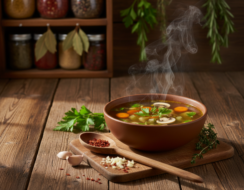 A close-up view of a steaming bowl of rich, flavorful broth, resting on a rustic wooden table. In the foreground, the bowl is filled with a clear golden liquid, garnished with fresh herbs like parsley and thyme, and subtle pieces of vegetables floating gracefully. The middle ground features kitchen utensils like a wooden spoon and a small cutting board with chopped ingredients, alluding to the preparation process. Soft, warm lighting casts gentle shadows, enhancing the inviting atmosphere. In the background, hints of a cozy kitchen setting with blurred shelves filled with jars of spices and dried herbs add depth and context, creating a wholesome culinary vibe. The overall mood should evoke warmth and comfort, perfect for invoking the essence of homemade soups and sauces.
