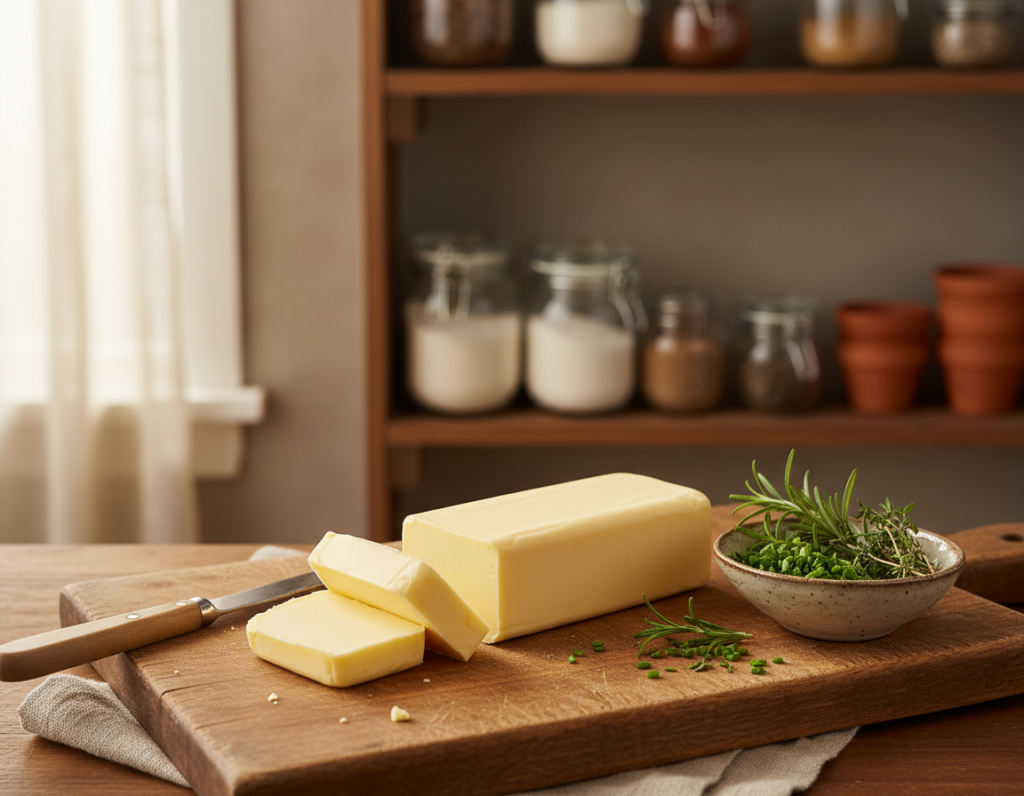 A perfectly softened stick of butter sits on a rustic wooden cutting board in the foreground, showcasing its creamy texture as it slightly glistens under warm, natural light. The butter is precisely sliced into thick pats, the edges whispering of a just-right room temperature. In the middle, a small ceramic bowl contains fresh herbs, hinting at culinary uses, while a butter knife waits nearby, glinting subtly. The background features a warm, inviting kitchen with soft-focus shelves holding various cooking ingredients, enhancing the domestic atmosphere. The image captures a cozy and inviting mood, ideal for conveying the importance of butter's texture and temperature in cooking. The composition is photographed from a slight overhead angle, emphasizing the rich colors and textures.