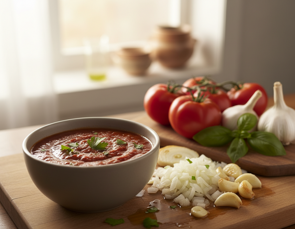 A rich, vibrant bowl of homemade tomato sauce sits prominently in the foreground, showcasing its deep red color with visible flecks of fresh herbs. Surrounding the bowl are golden sautéed garlic cloves and finely diced onions, glistening with olive oil. The middle ground features a rustic wooden cutting board, scattered with ripe, juicy tomatoes, garlic bulbs, and a sprig of basil, emphasizing the freshness of the ingredients. The background is softly blurred, hinting at a cozy kitchen environment, with warm, inviting light streaming through a nearby window to create a homey atmosphere. The scene is captured from a slightly elevated angle, enhancing the focus on the sauce and ingredients. The overall mood is warm, inviting, and deliciously appetizing, ideal for a culinary theme.