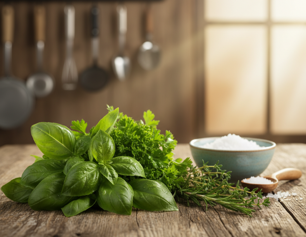 A vibrant, close-up display of fresh culinary herbs arranged artistically on a rustic wooden table. In the foreground, include lush sprigs of basil, parsley, rosemary, and thyme, their leaves glistening with morning dew. In the middle ground, a small, beautiful ceramic bowl filled with coarse sea salt and a wooden spoon rests next to the herbs, inviting the viewer to imagine cooking with them. The background features softly blurred kitchen utensils and a hint of sunlight streaming in through a nearby window, creating a warm, inviting atmosphere. The overall mood is fresh, serene, and inspiring, perfect for enhancing everyday cooking experiences.